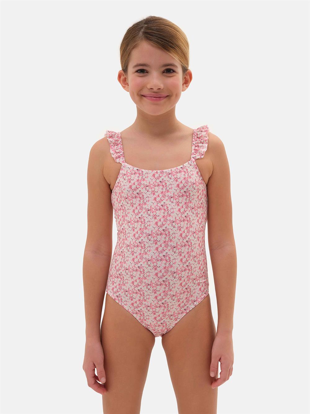 Costume intero rouche rosa con fiorellini piccoli bianchi Pesciolino Rosso