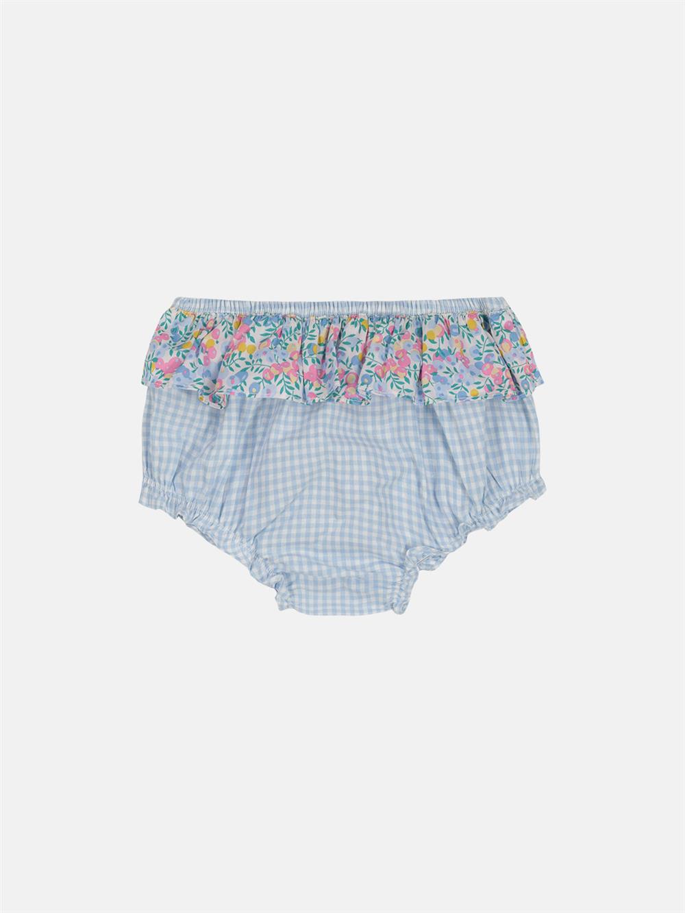 Copripannolino costume in tessuto vichy celeste e bianco con balze liberty fiori rosa, azzurro e giallo Pesciolino Rosso