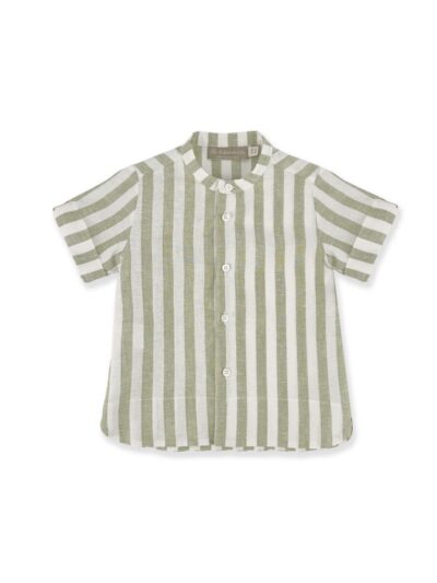 Completo in lino bermuda verde e camicia coreana a righe panna e verdi La Stupenderia
