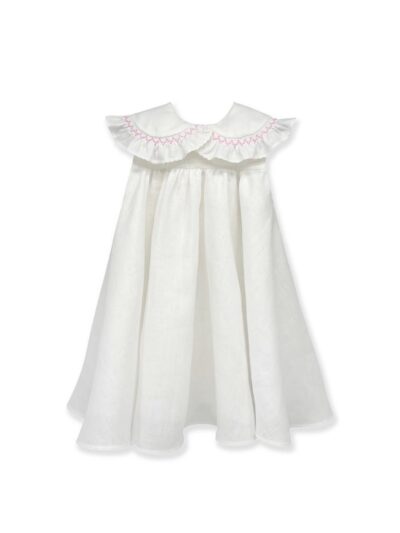 Abitino a ruota bianco con colletto rouches punto smock rosa La Stupenderia