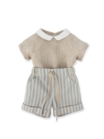 Completo in lino camicia beige e bermuda a righe beige e celeste La Stupenderia