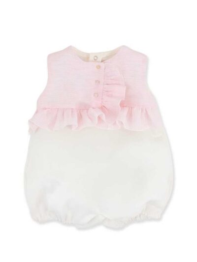 Pagliaccetto in cotone piquet con  ruches a righe rosa e bianco La Stupenderia