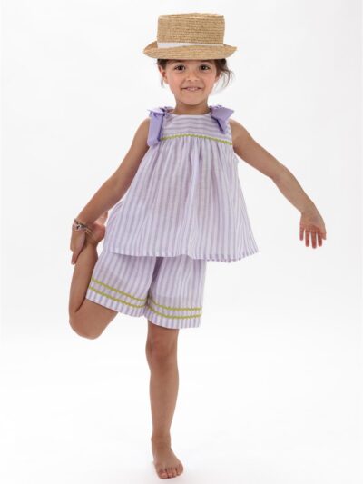 Completo in 100%lino casacca e bermuda a righe viola e bianco con fettucce verde lime Il Faro Bimbi