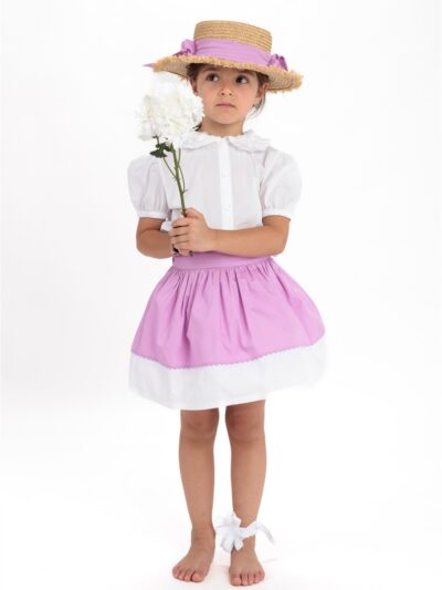 Completo camicia bianca e gonna rosa lilla con fettucce bianche Il Faro Bimbi