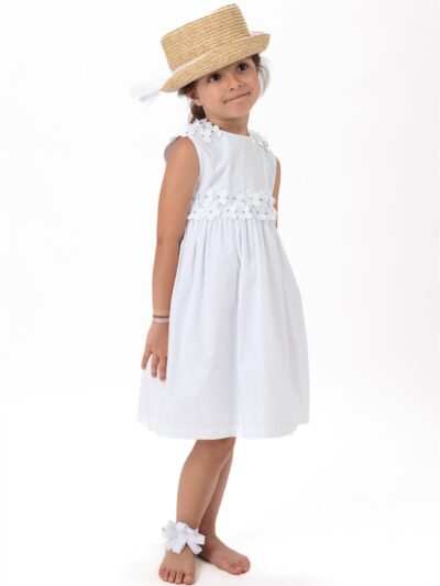 Abito smanicato bianco con margherite applicate a mano e ricamo lilla Il Faro Bimbi