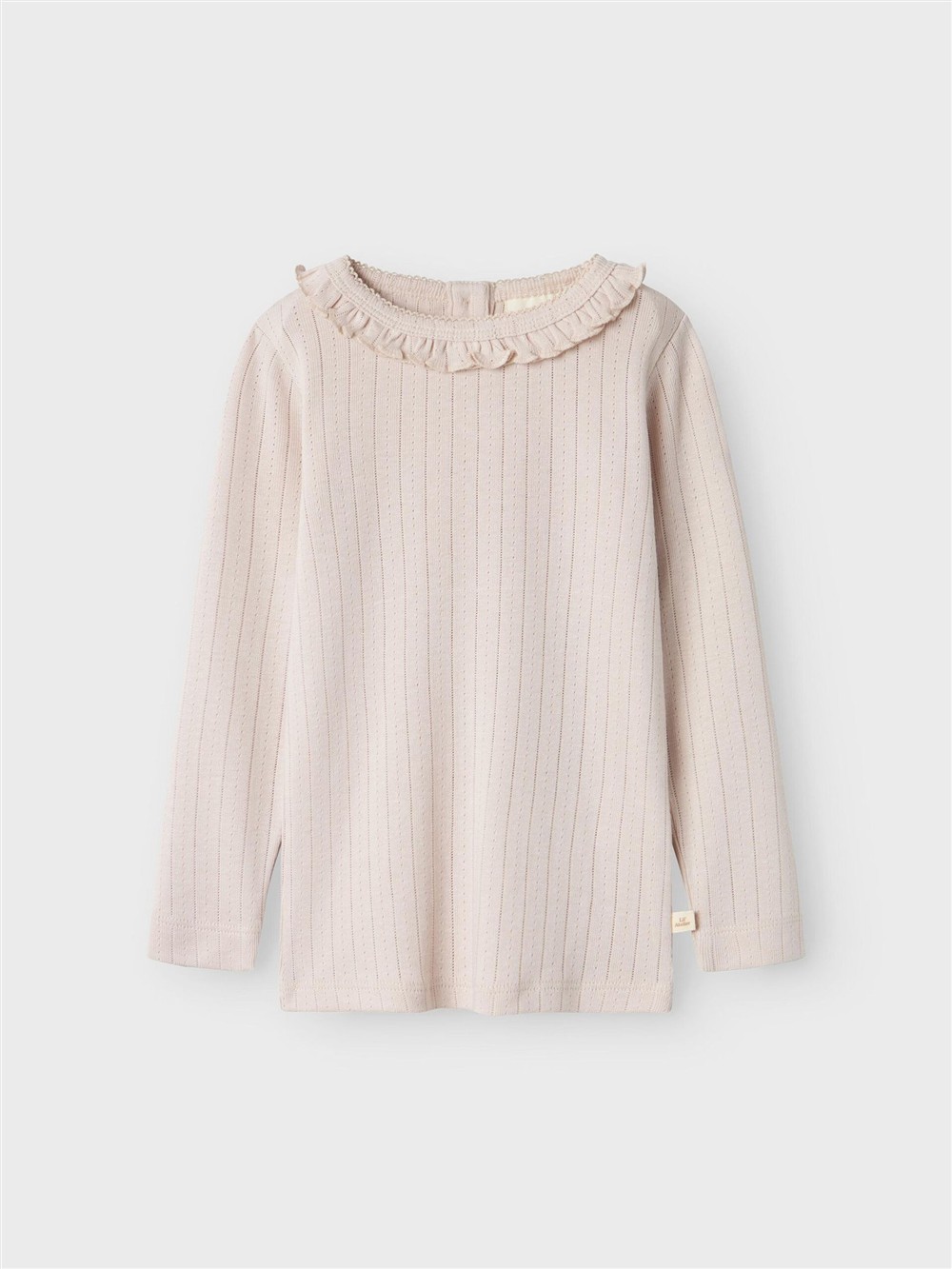T-shirt in cotone traforato con collo rouche rosa cipria Lil Atelier