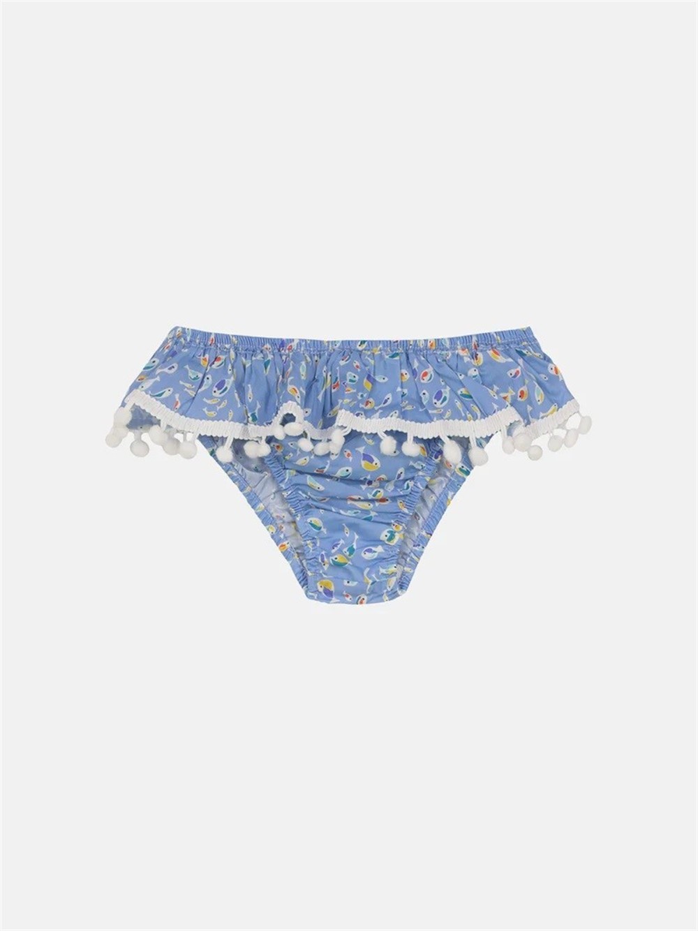 Costume mutanda azzurra con stampa pesciolino balza con pon pon bianchi Pesciolino Rosso