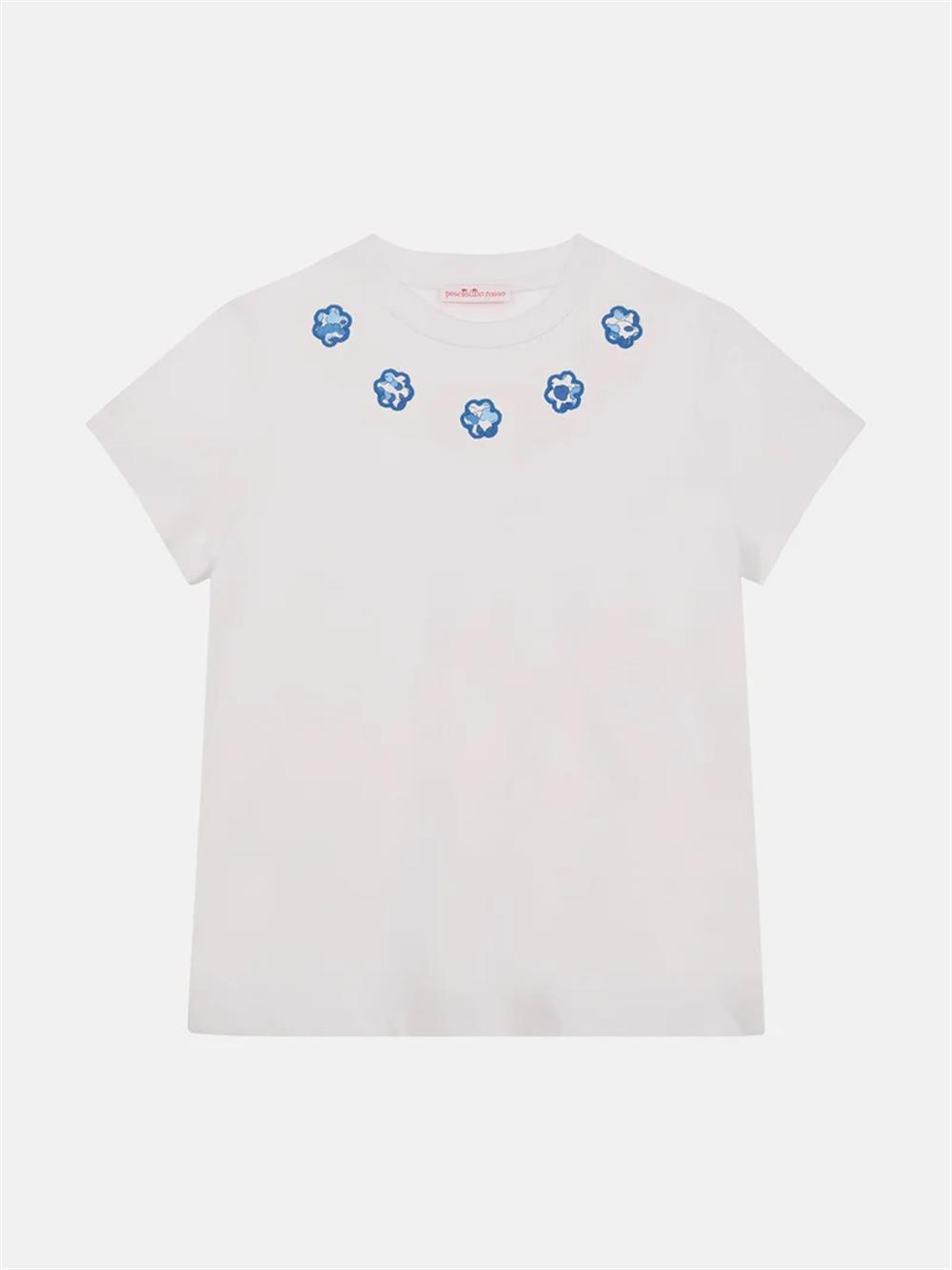 T-shirt bianca con fiori intarsiati liberty azzurri Pesciolino Rosso