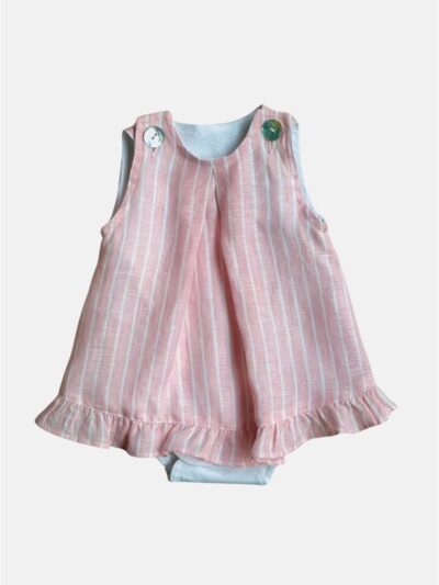 Pagliaccetto in lino a righe bianco e rosa con rouches Paio Crippa