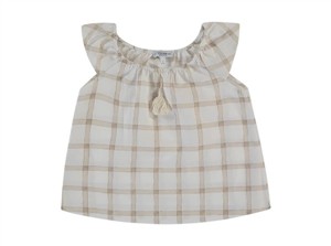 Maglia smanicata alette quadri bianca e tortora con nappine L'Orsobruno
