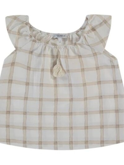 Maglia smanicata alette quadri bianca e tortora con nappine L'Orsobruno