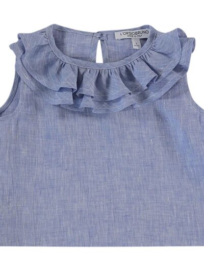 Camicia in lino smanicata con collo rouches azzurra L'Orsobruno
