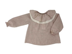 Maglia vichy in flanella con collo voulant panna e rosa Zhoe & Tobiah