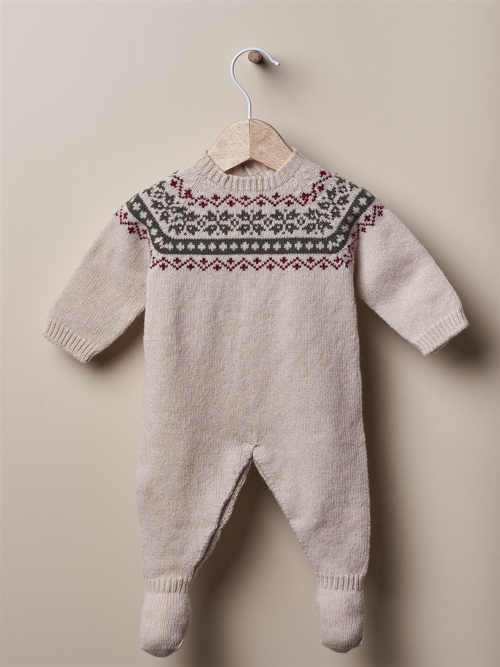 Tutina in lana panna con fantasia nordica rossa Wedoble