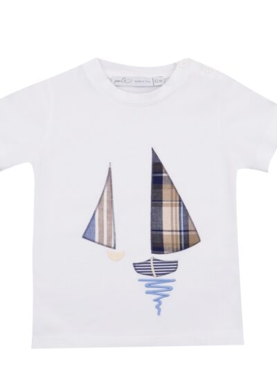 Completo tshirt in cotone con barchetta ricamatata in lino e bermuda a righe tortora, azzurro e bianco Per te