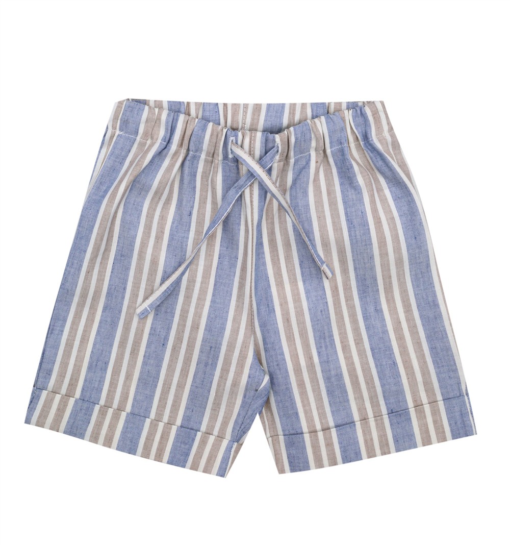 Completo tshirt in cotone con barchetta ricamatata in lino e bermuda a righe tortora, azzurro e bianco Per te - immagine 2