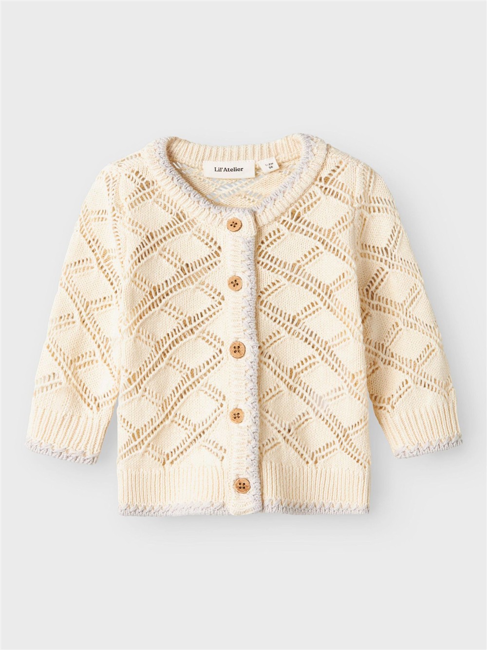Cardigan corto traforato beige con profili grigi Lil Atelier