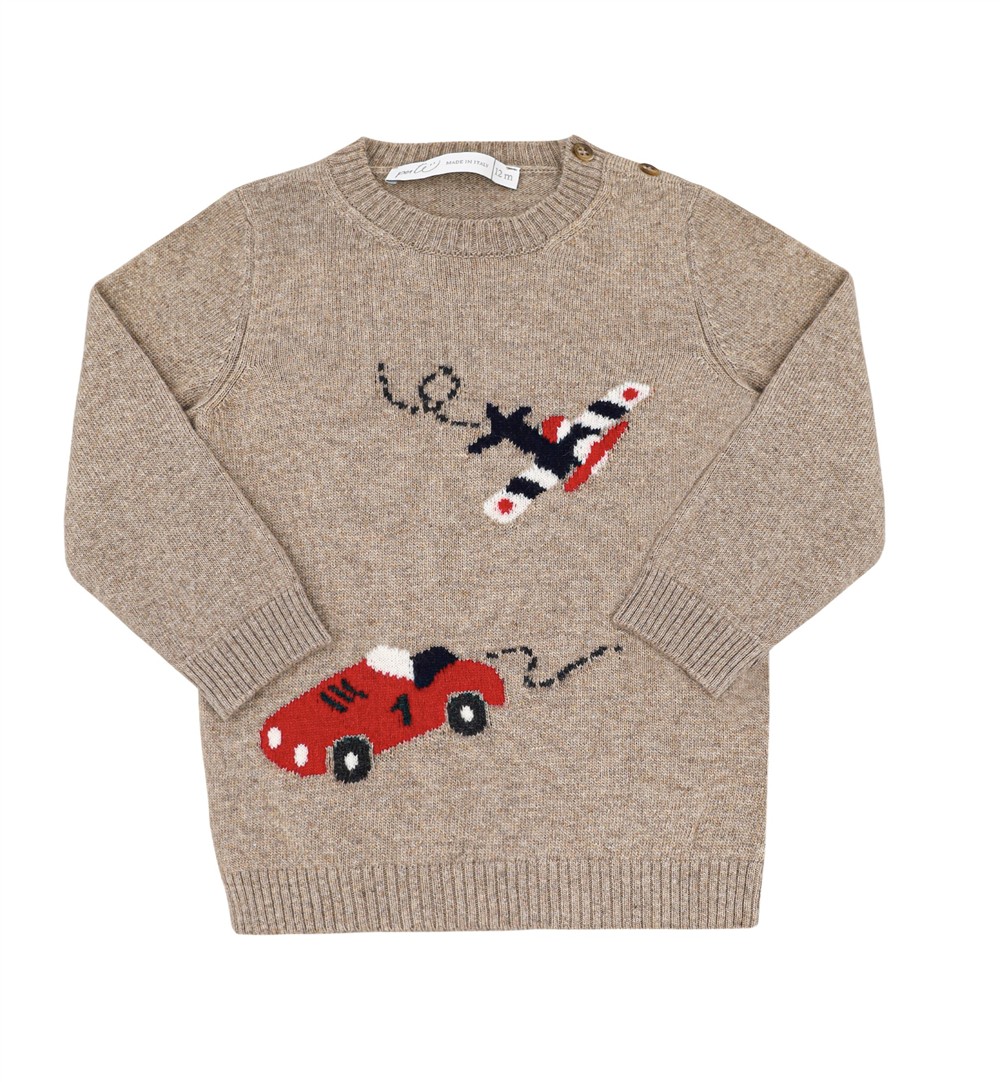 Maglione in lana misto cashmere tortora con aereoplano blu e rosso Per te
