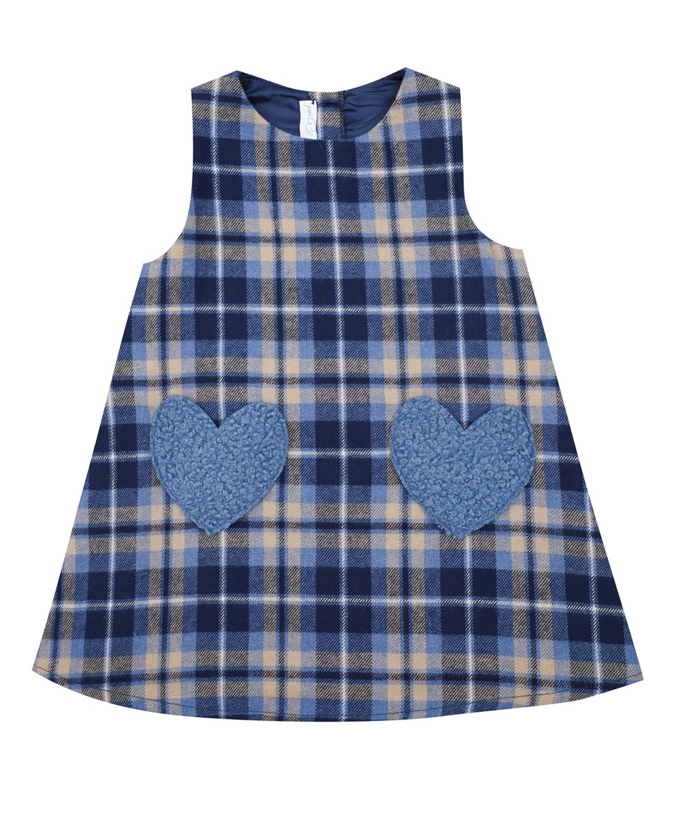 Abito smanicato in flanella tartan blu e tortora con taschine teddy cuore blu Per te