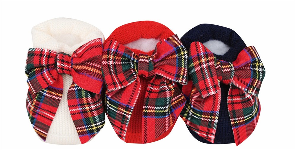 Scarpine in lana blu o panna con fiocco tartan rosso Story Loris