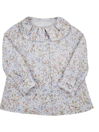 Camicia con collo rouches stampa foglie e uccellini Per te