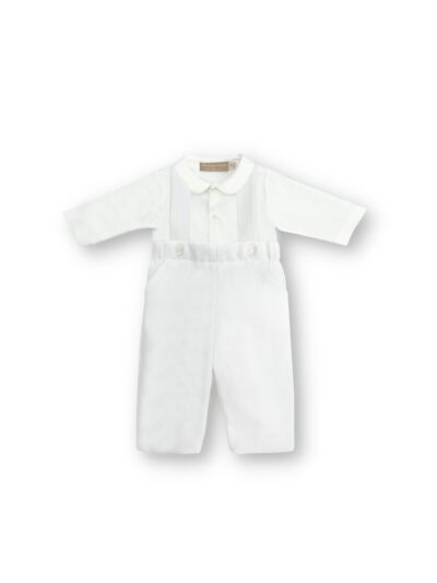 Pantalone con bretelle in velluto millerighe bianco con body camicia in flanella La Stupenderia