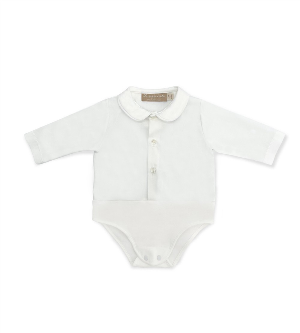 Pantalone con bretelle in velluto millerighe bianco con body camicia in flanella La Stupenderia - immagine 2