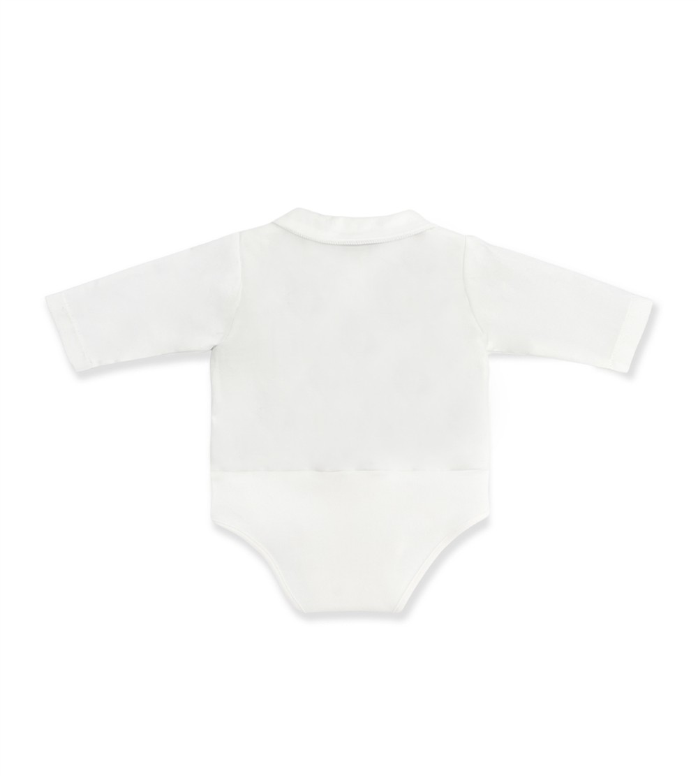 Pantalone con bretelle in velluto millerighe bianco con body camicia in flanella La Stupenderia - immagine 3