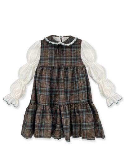 Abito smanicato tartan marrone e avion con camicia integrata con colletto profilo avion La Stupenderia