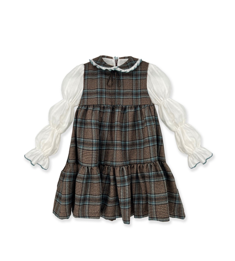 Abito smanicato tartan marrone e avion con camicia integrata con colletto profilo avion La Stupenderia