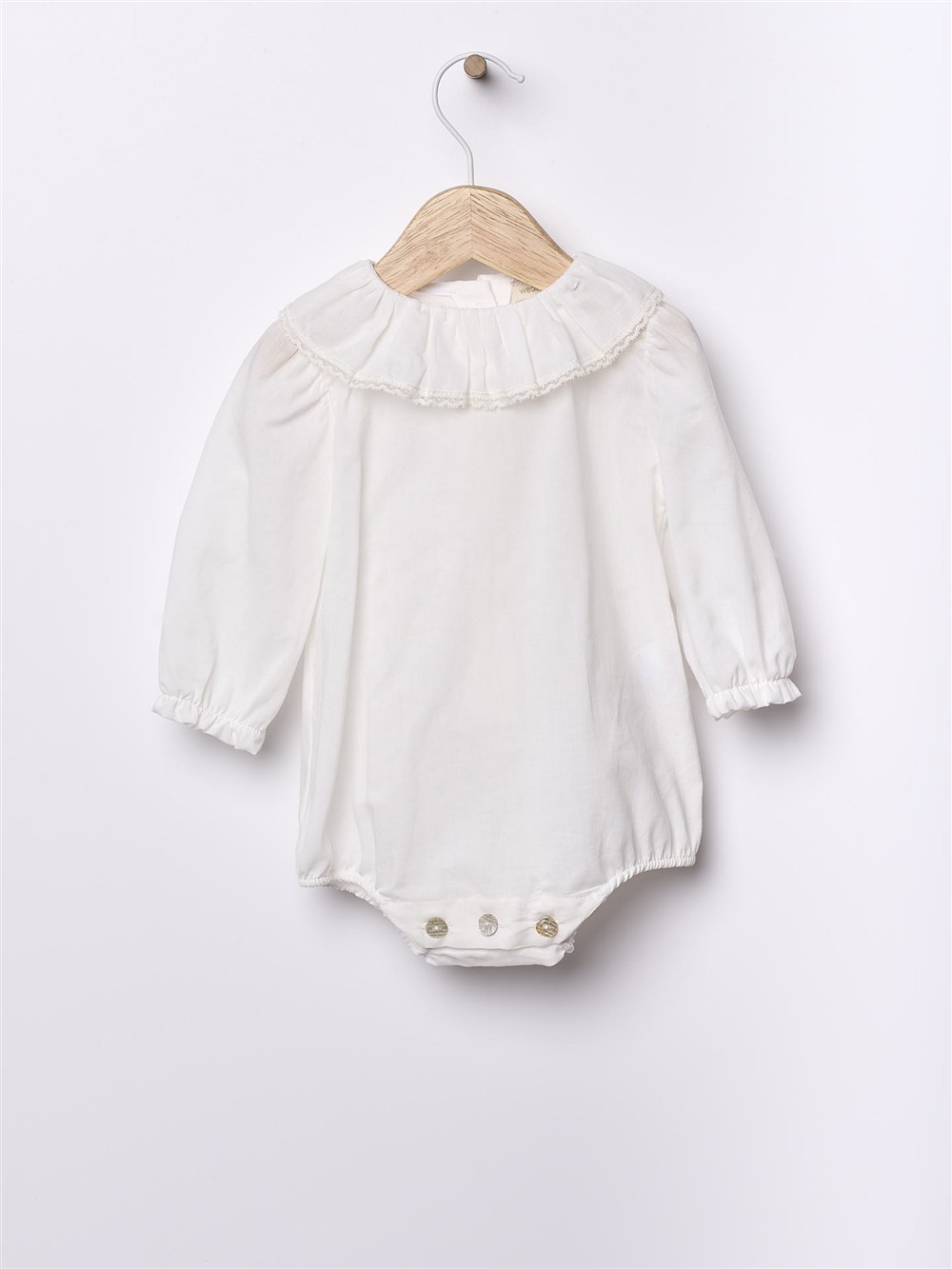 Body a manica lunga in cotone bianco con collo rouche profilo in pizzo Wedoble