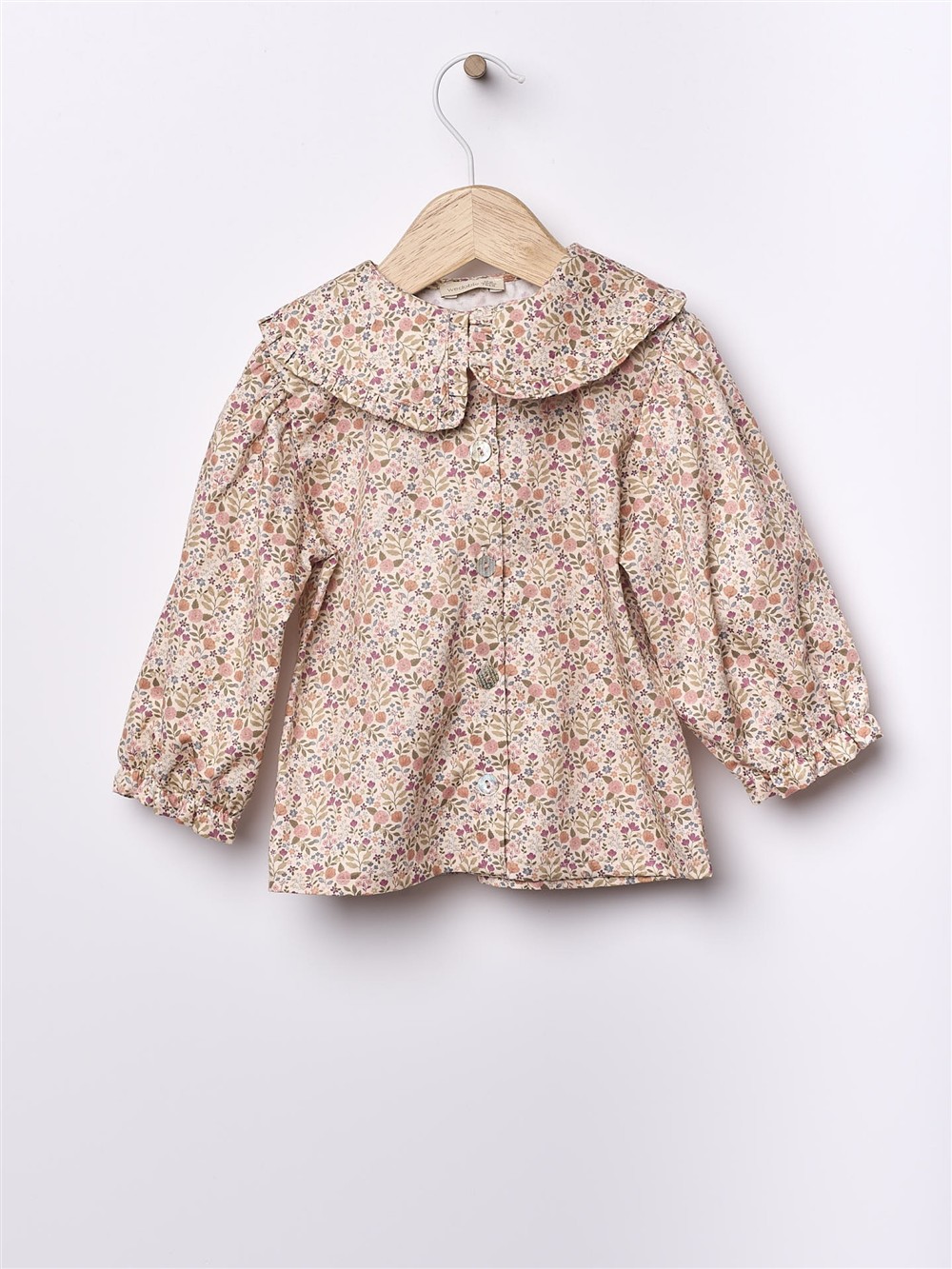 Camicia collo rouche fiori pesca Wedoble