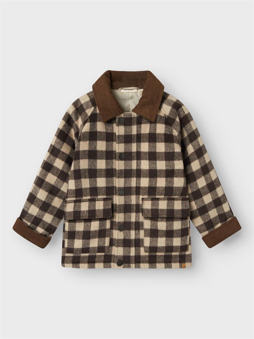 Cappotto in panno a quadri marrone e panna con colletto in velluto millerighe marrone Lil Atelier