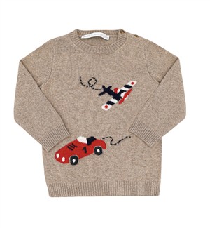 Maglione in lana misto cashmere tortora con aereoplano blu e rosso Per te