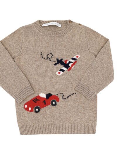 Maglione in lana misto cashmere tortora con aereoplano blu e rosso Per te