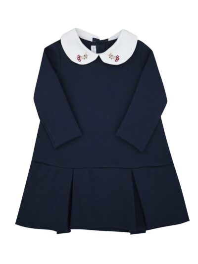 Abito in cotone blu con colletto tondo bianco ricamo cerbiatto bordeaux Per te