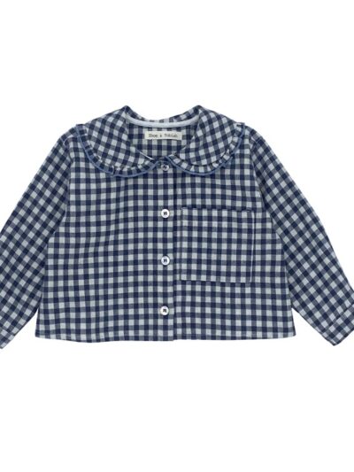 Camicia crop in flanella a quadri con colletto rouches blu e grigio Zhoe & Tobiah