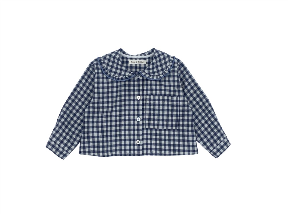 Camicia crop in flanella a quadri con colletto rouches blu e grigio Zhoe & Tobiah