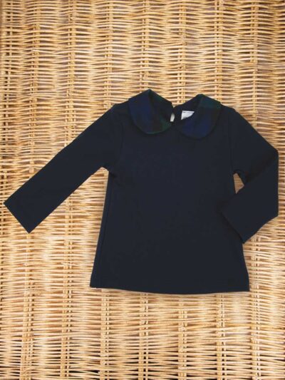 Maglia blu in caldo cotone con colletto tartan blu e verde Baroni