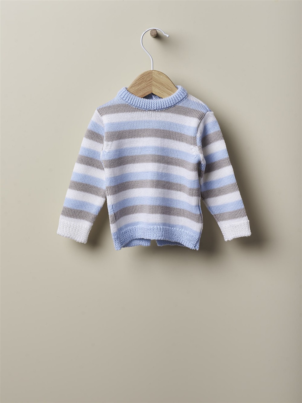 Maglione giricollo 100% lana merino a righe celeste, tortora e bianco Wedoble