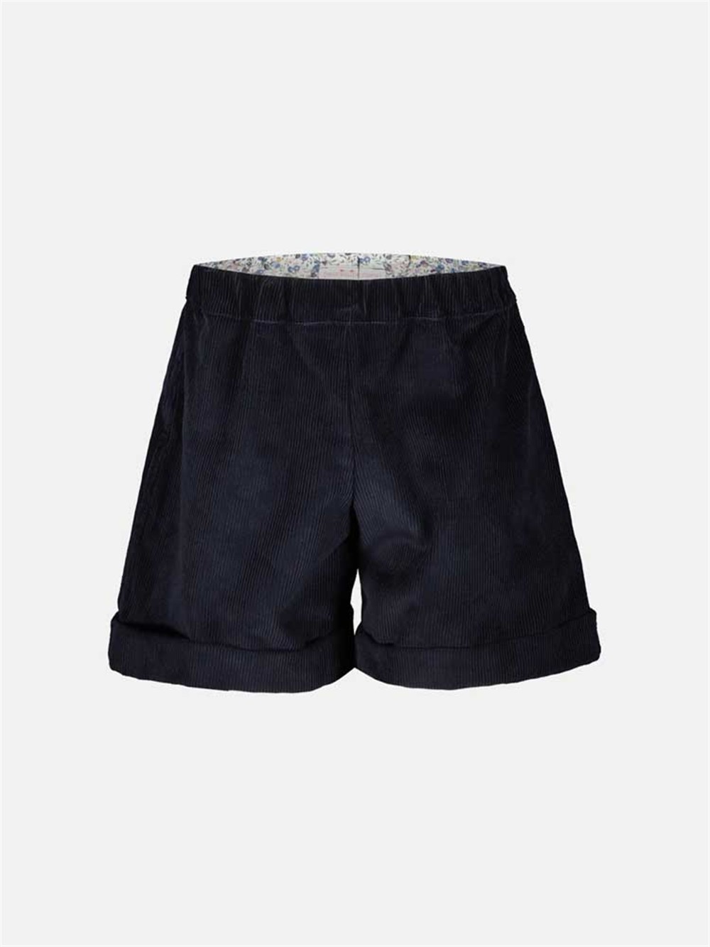 Bermuda in velluto millerighe blu con riporti interni liberty Pesciolino Rosso