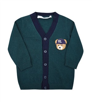 Cardigan in lana misto cashmere verdone con profili blu e orsetto Per te