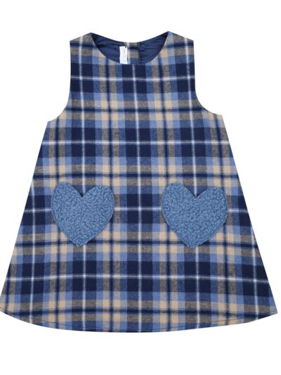 Abito smanicato in flanella tartan blu e tortora con taschine teddy cuore blu Per te