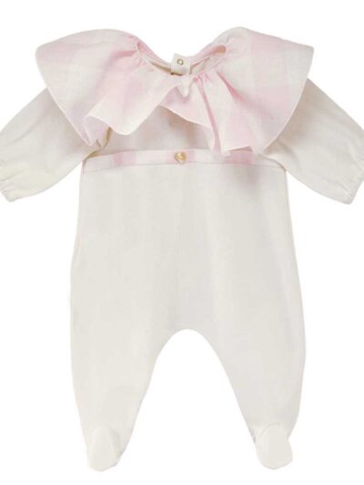 Tutina in cotone piquet con collo voulant in lino a quadri rosa e bianco La Stupenderia