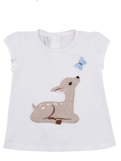 T-shirt bianca con cerbiatto ricamato in lino beige e farfalla celeste Per te