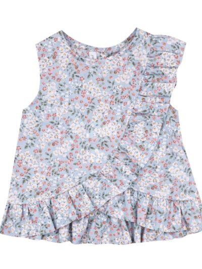 Completo bermuda rouche azzurro a fiori con fiorellino francese Per te