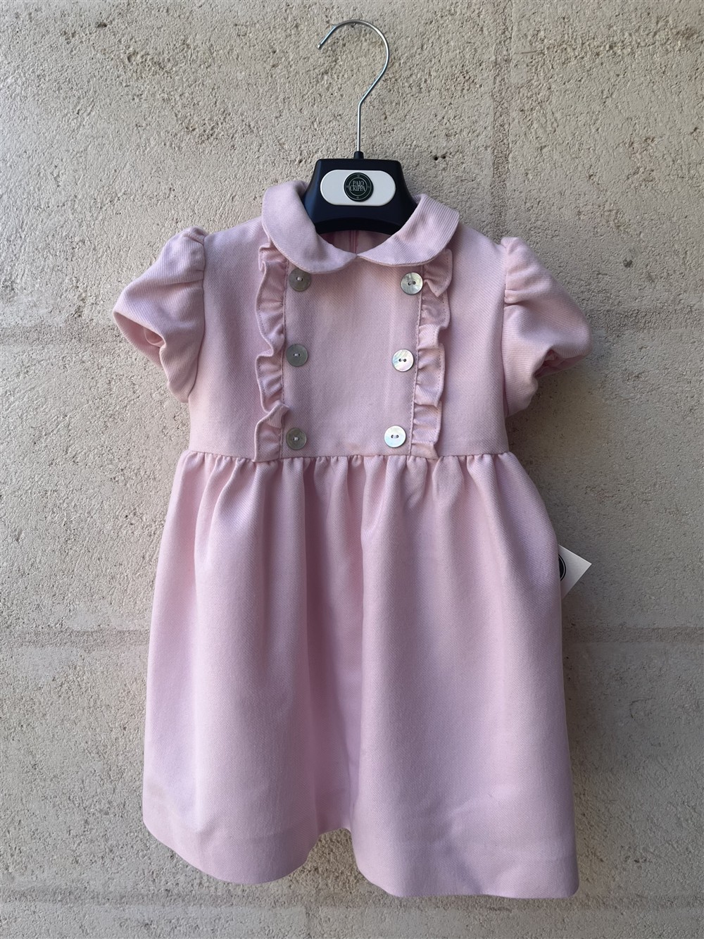 Abito in flanella rosa pettorina rouches e bottoni in madreperla Paio Crippa