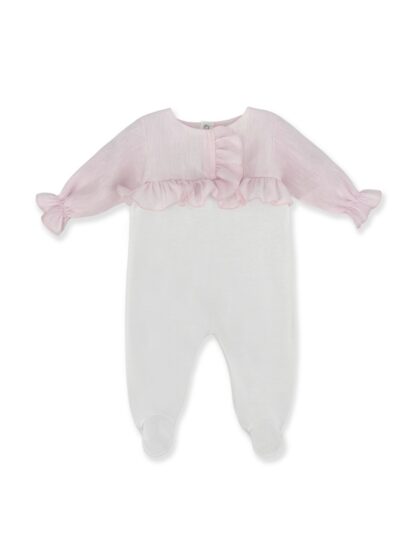 Tutina in cotone con pettorina in lino rosa con volant La Stupenderia