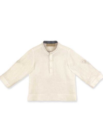 Camicia polo coreana in lino bianco con alamari a quadri blu La Stupenderia