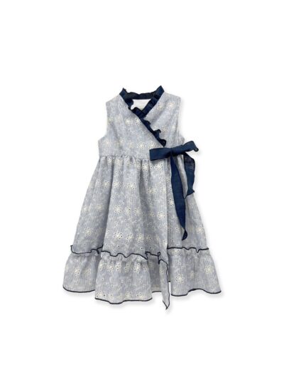 Abito in pizzo san gallo a righe celeste e blu con profilo e fiocco blu La Stupenderia